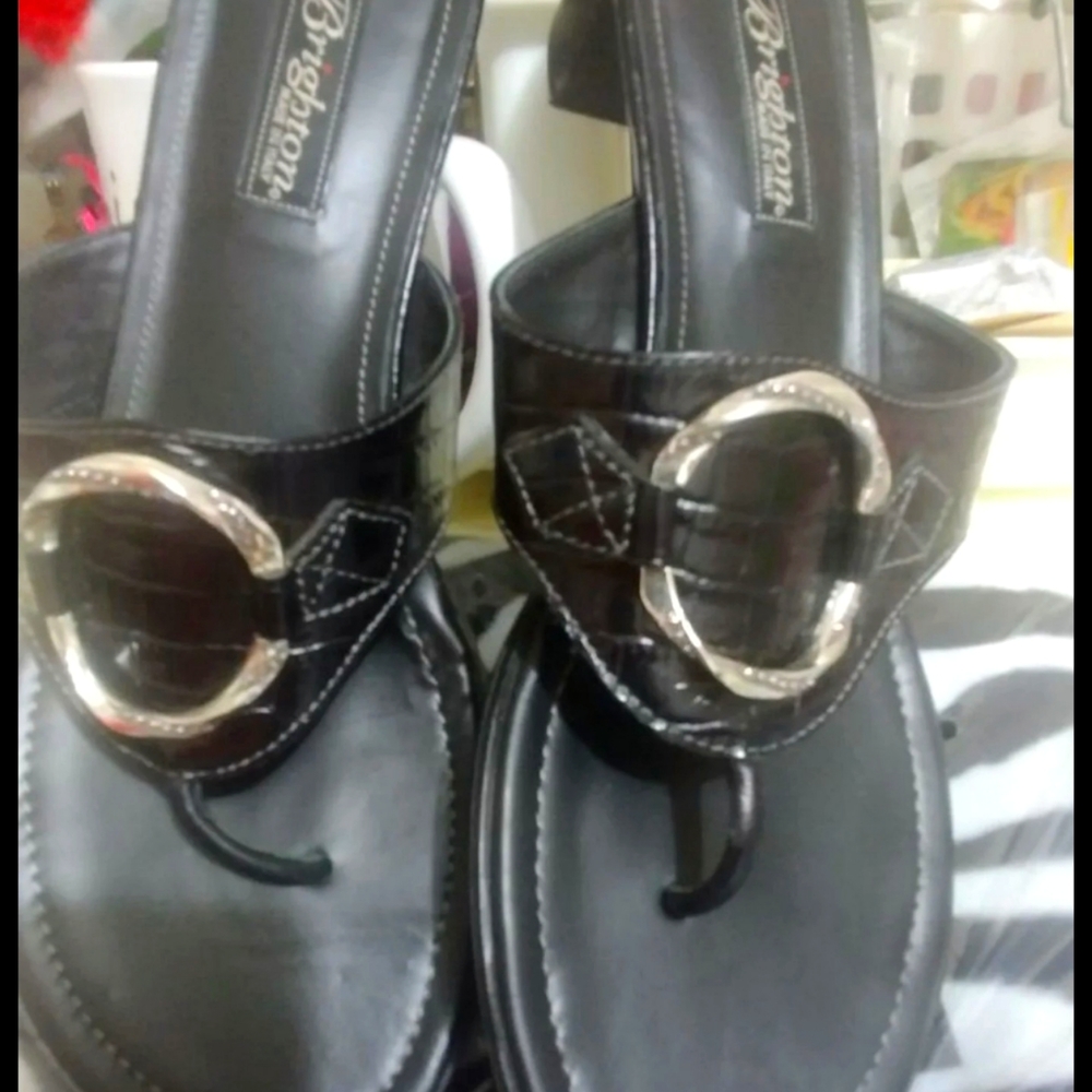 😍Sexy Black BRIGHTON Leather Croc Embossed Thong Sandals😍